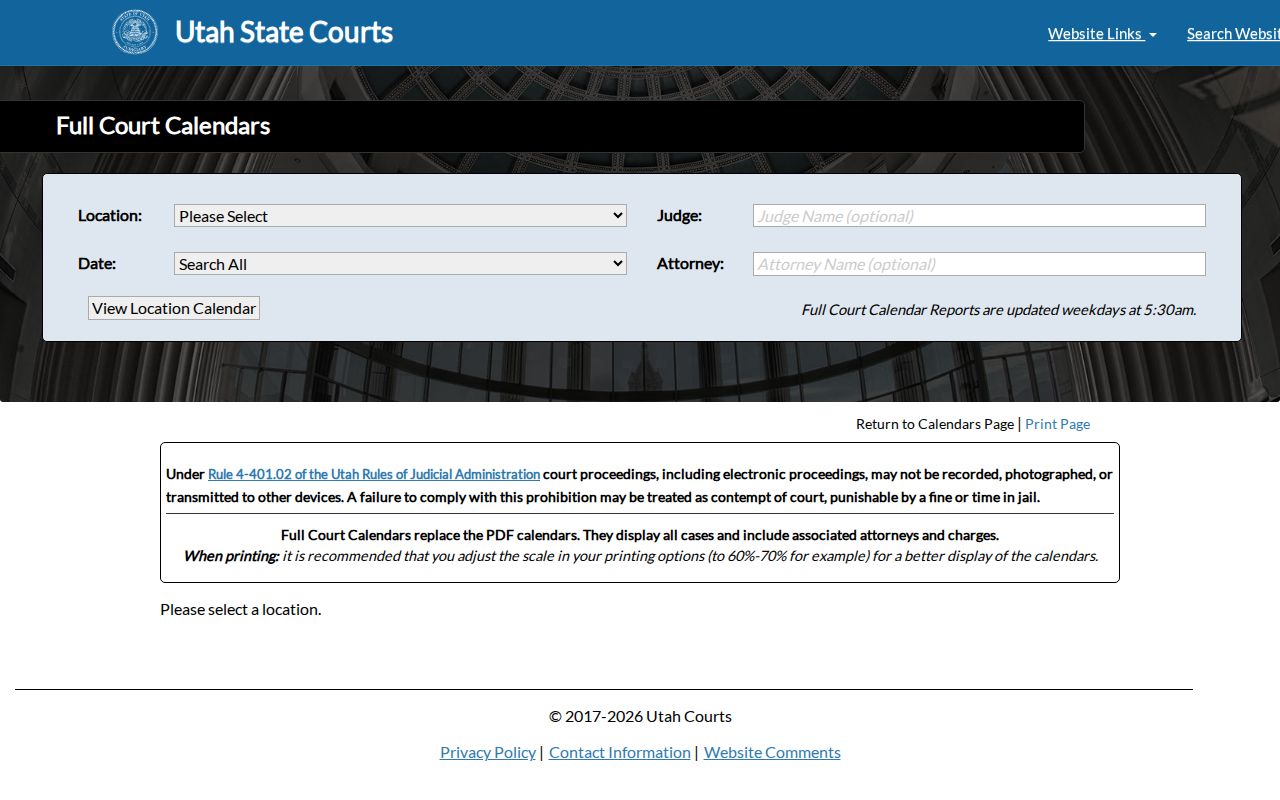 Davis County Full Court Calendar filters